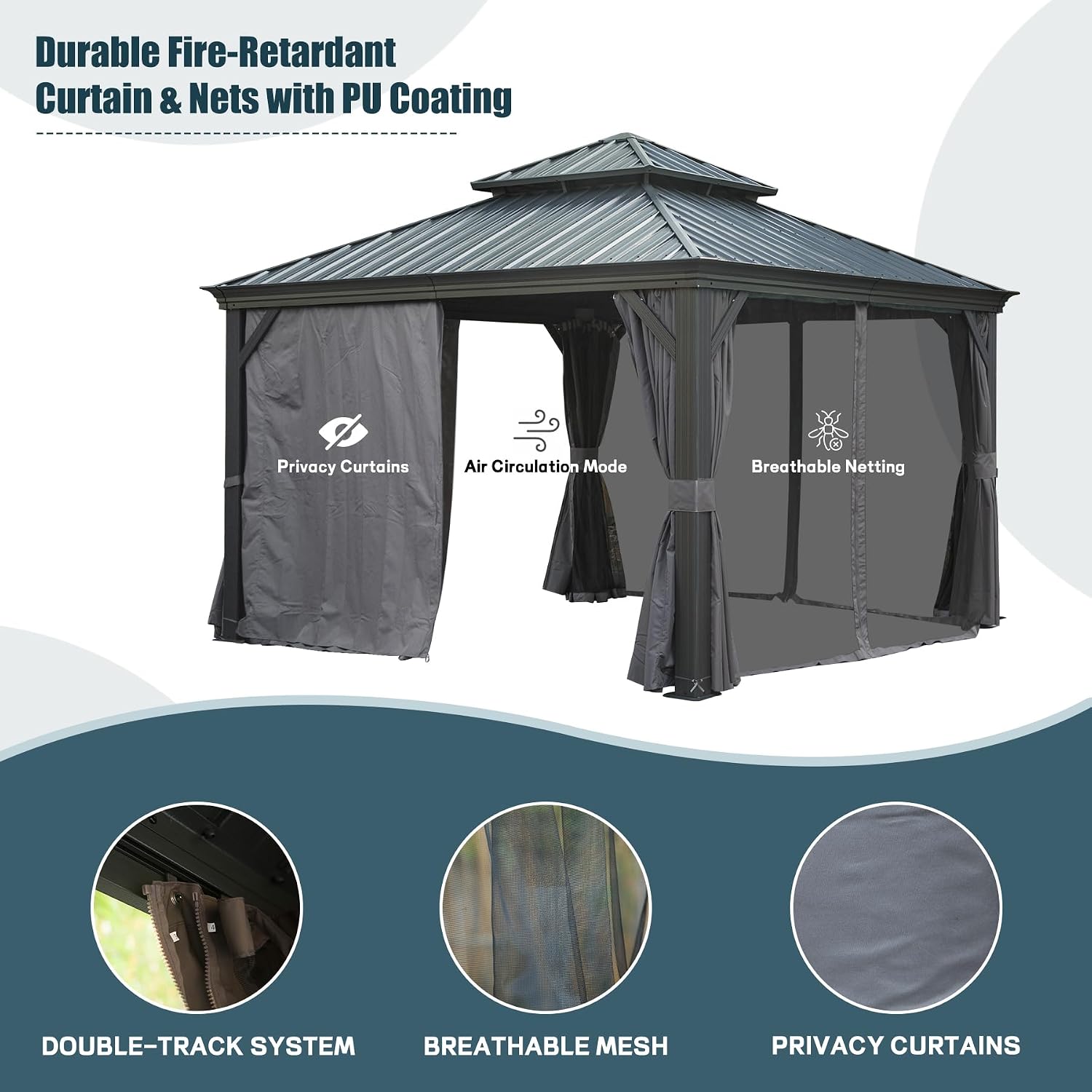 Domi 12' X 12' Hardtop Gazebo Outdoor Metal Gazebo with Galvanized Steel Double Roof Canopy, Aluminum Frame, Curtains and Netting for Patio, Deck, Garden, Grey