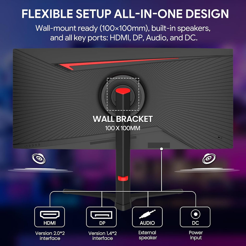 CRUA 34' Curved Gaming Monitor, 165Hz WQHD 3440x1440 UltraWide 21:9 VA, 3800R, 120% sRGB, AMD FreeSync, Built-in Speakers, Height Adjustable, Wall Mountable PC Monitor for Gaming, Streaming & Work