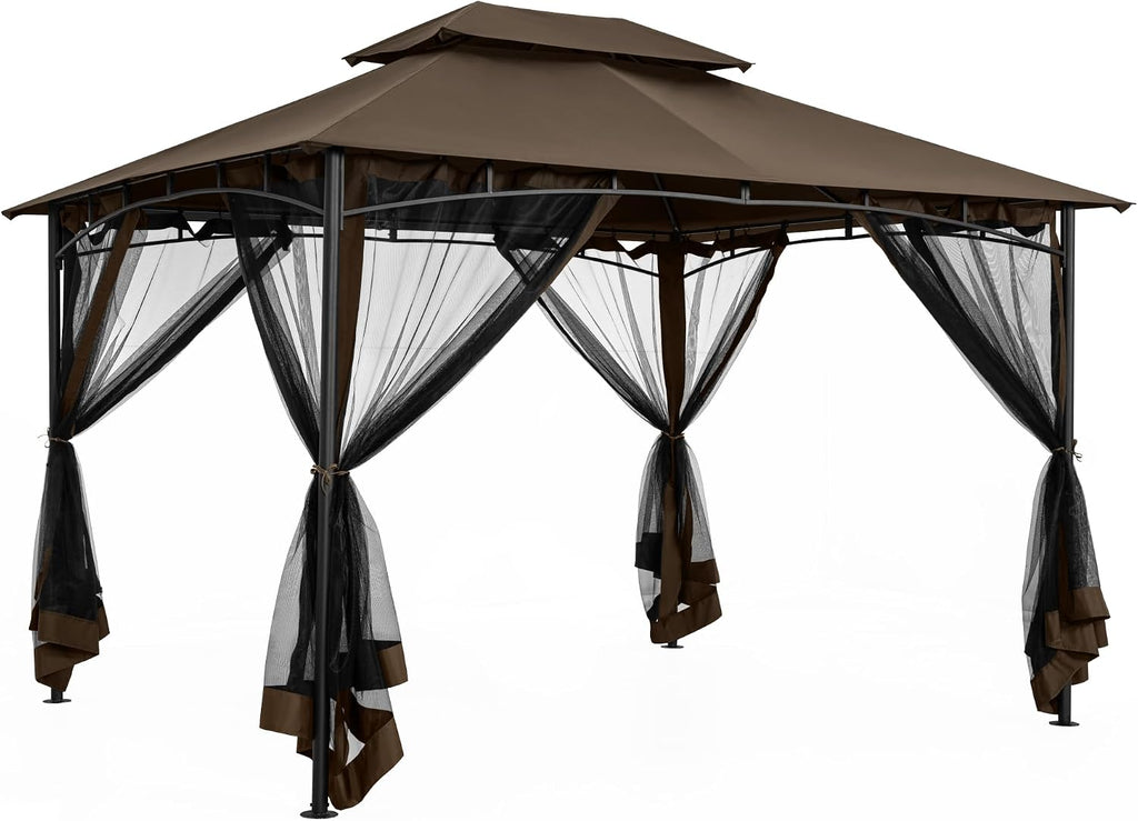 10' X 12' Patio Gazebo with Ventilation Double Roof, Outdoor Gazebo with Removable Mosquito Netting, Easy Up Metal Outdoor Canopy Shelter for Backyard, Garden, Lawn, Brown