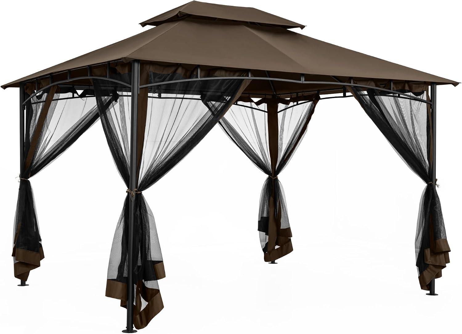 10' X 12' Patio Gazebo with Ventilation Double Roof, Outdoor Gazebo with Removable Mosquito Netting, Easy Up Metal Outdoor Canopy Shelter for Backyard, Garden, Lawn, Brown