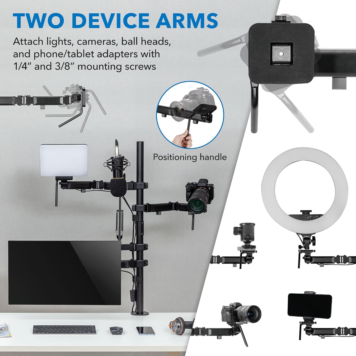 Mount-It! All-in-One Streaming Desk Mount – 4 Arm Setup for Monitor, Camera, Ring Light & Mic – Live Stream Equipment for YouTube, Podcast, Gaming, Zoom – VESA Compatible, Clamp/Grommet Base