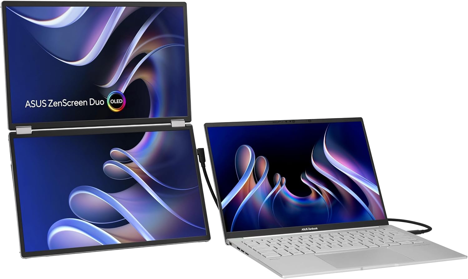 ASUS ZenScreen Duo OLED 360° Foldable Portable Monitor (MQ149CD) - Dual 14-inch, 16:10, 1920x1200, DisplayHDR400 True Black, 100% DCI-P3, Delta<2, Dual USB-C, Mini-HDMI, Kickstand, 3 yr Warranty