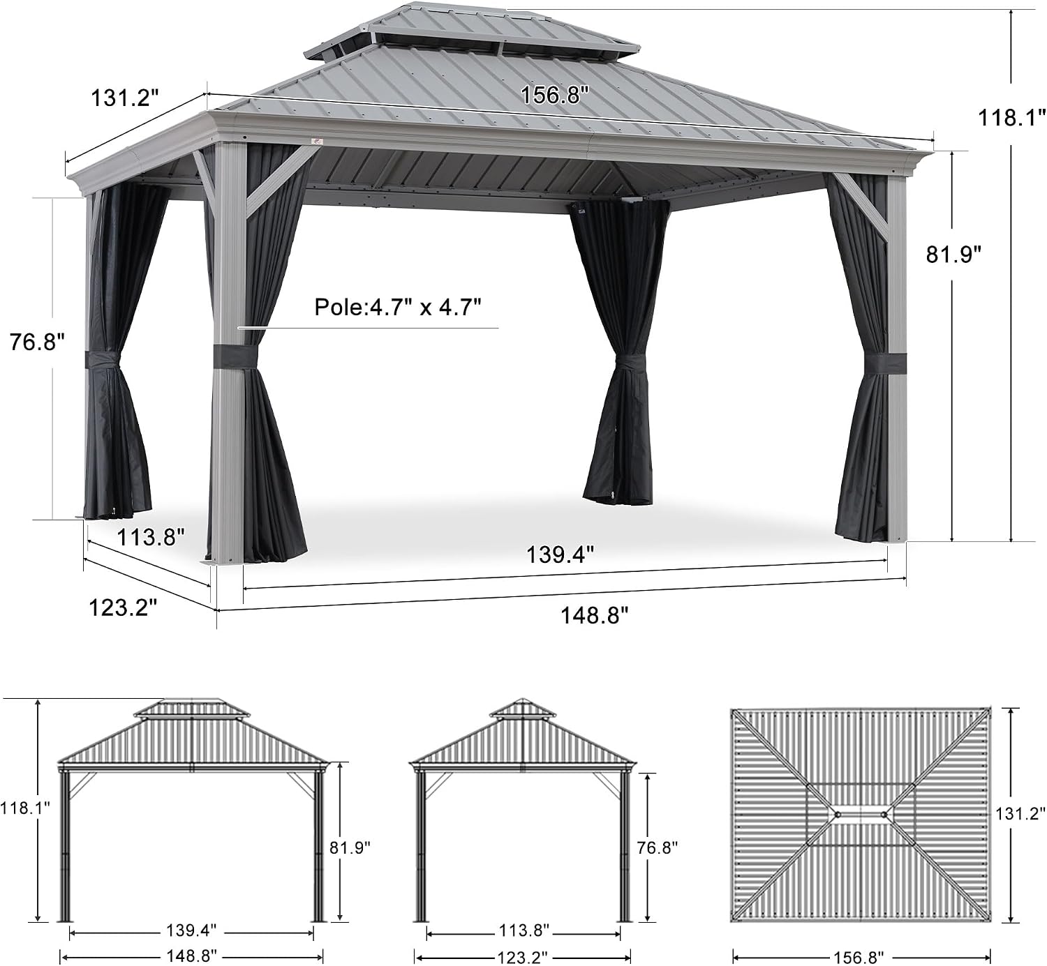 PURPLE LEAF 11' x 13' Permanent Hardtop Gazebo with Galvanized Steel Double Roof and Aluminum Frames Outdoor Large Pavilion Gazebo for Patio Deck Garden, Netting and Curtains Included, Light Grey