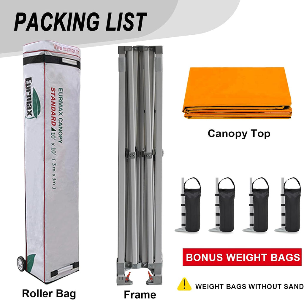 Eurmax USA 10x10ft Pop Up Canopy,Commercial Instant Tent for Outdoor Events,Patented No-Tip Rolling Storage Bag with 4 Sandbags,UV & Water Resistant,Heavy Duty Portable Shelter Gazebo,Orange