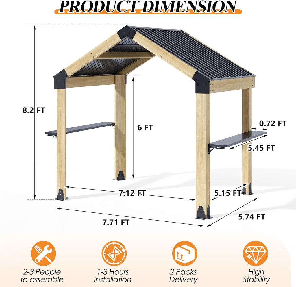 GARTOO 7.7'x5.7' Outdoor Grill Wood Gazebo - Hardtop Gazebo with 2 Side Shelves and Galvanized Steel Roof, Patio Wooden BBQ Pergola for Garden, Porch and Backyard