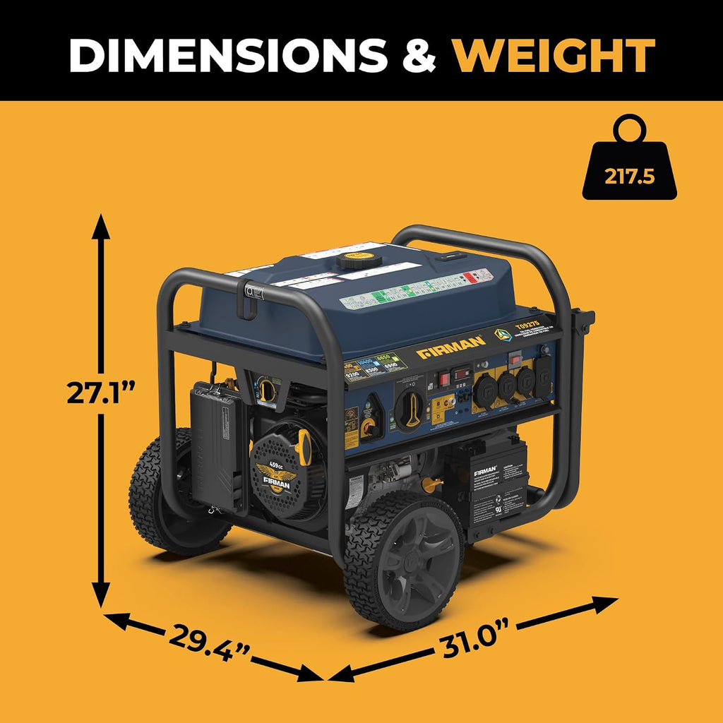 FIRMAN T09275 Tri Fuel Portable Generator, 11400W Electric Start Power Station, 120V 240V Output, Gas, Propane, Natural Gas, CO Alert, Home Backup Power, Emergency and Job Site Generator