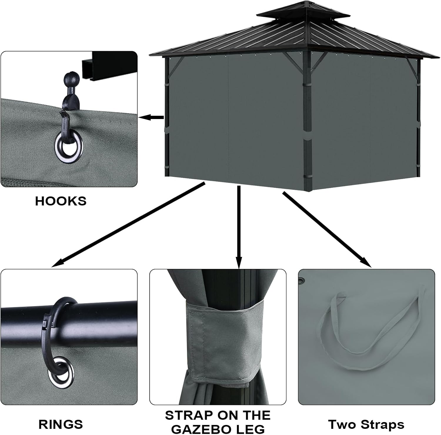 Gazebo Universal Replacement Privacy Curtain, 12'X12' Gazebo Curtains Outdoor Waterproof, 4-Panels Sidewall with Zipper for Patio, Garden and Backyard (Only Curtains, 12'X12', Grey)
