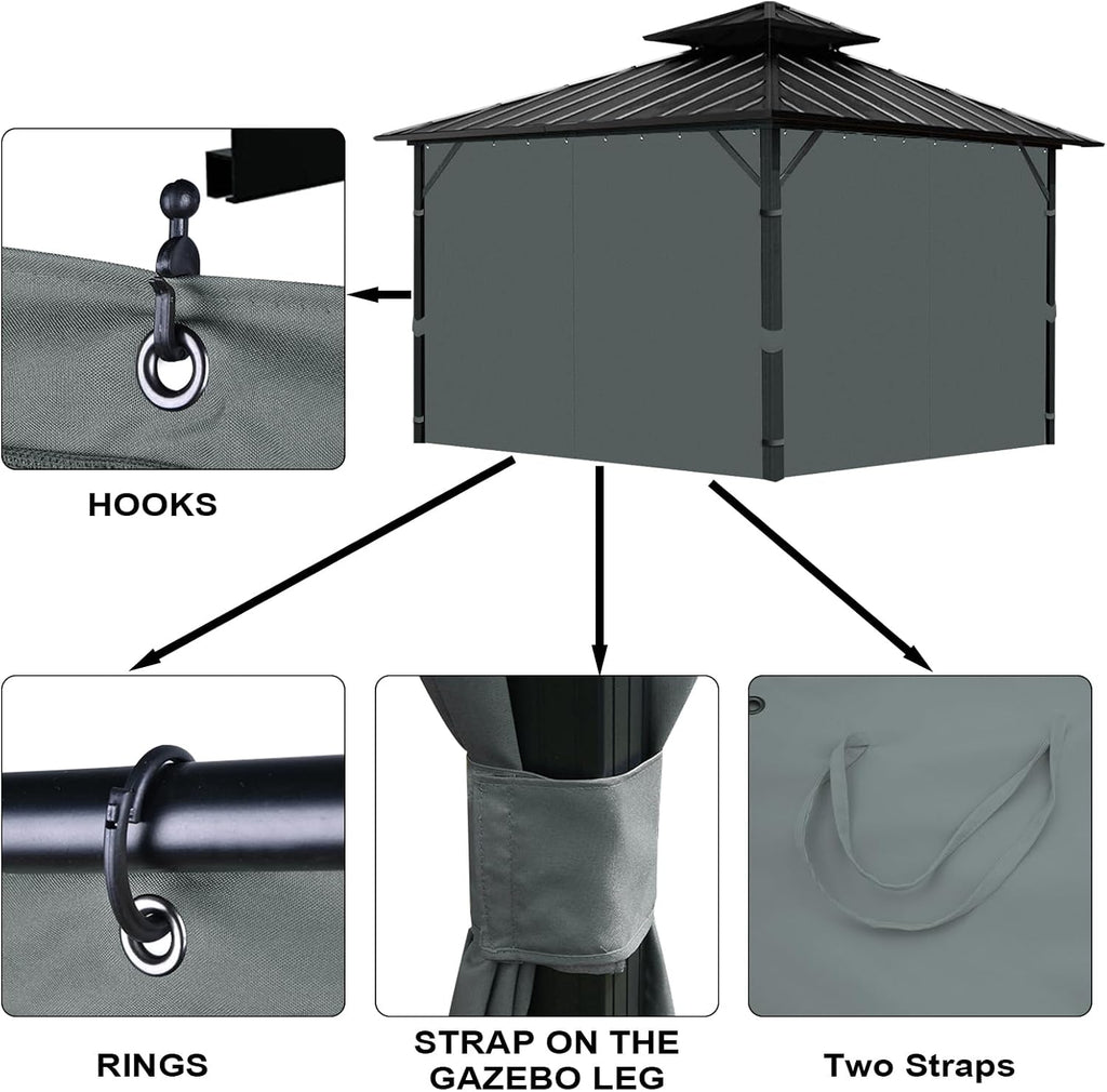 Gazebo Universal Replacement Privacy Curtain, 10'X12' Gazebo Outdoor Waterproof, 4-Panels Sidewall Curtains with Zipper for Patio, Garden and Backyard (Only Curtains, 10'x12', Grey)