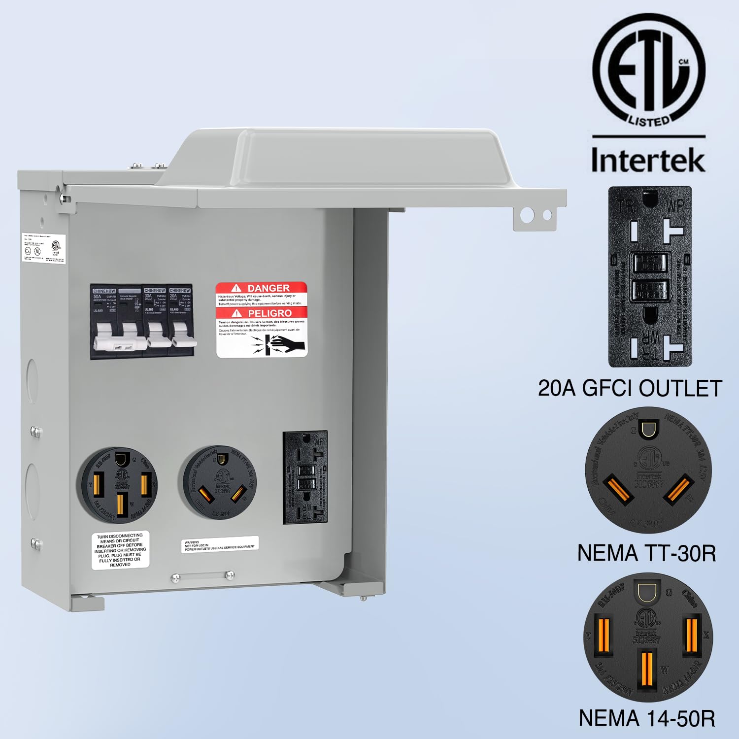 Nilight 20 30 50 Amp RV Power Outlet Box with Breaker 125/250V NEMA 14-50R TT-30R GFCI Temporary Receptacle Panel ETL Listed Heavy Duty Enclosed Lockable Waterproof for EV Camper Van Travel Trailer