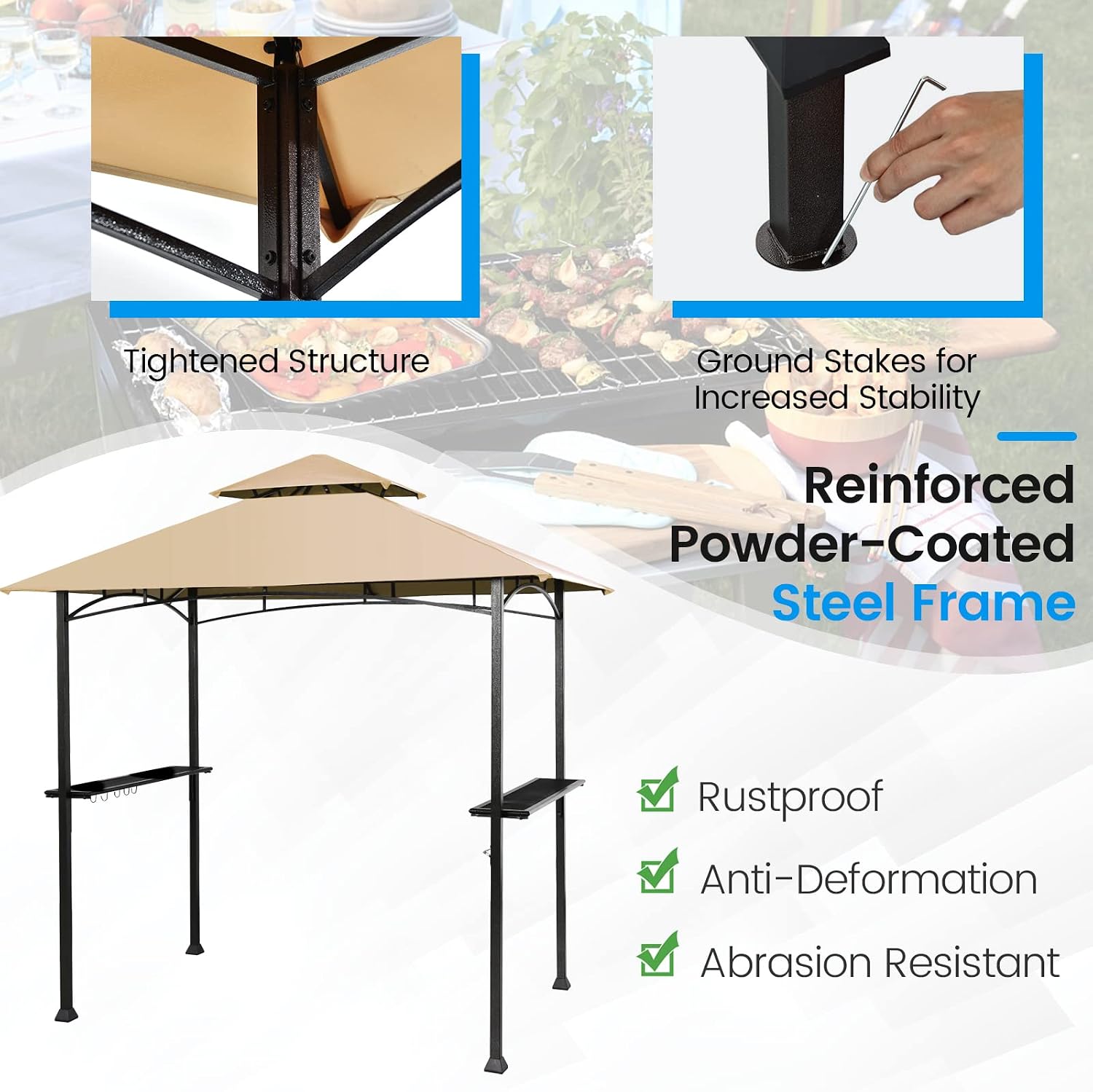 Giantex Grill Gazebo BBQ Canopy Tent Outdoor Patio Grill Shelter Double Tier Sun-Resistant Roof W/Air Vent Steel Frame Hooks Bottle Opener, 8'X5' Beige