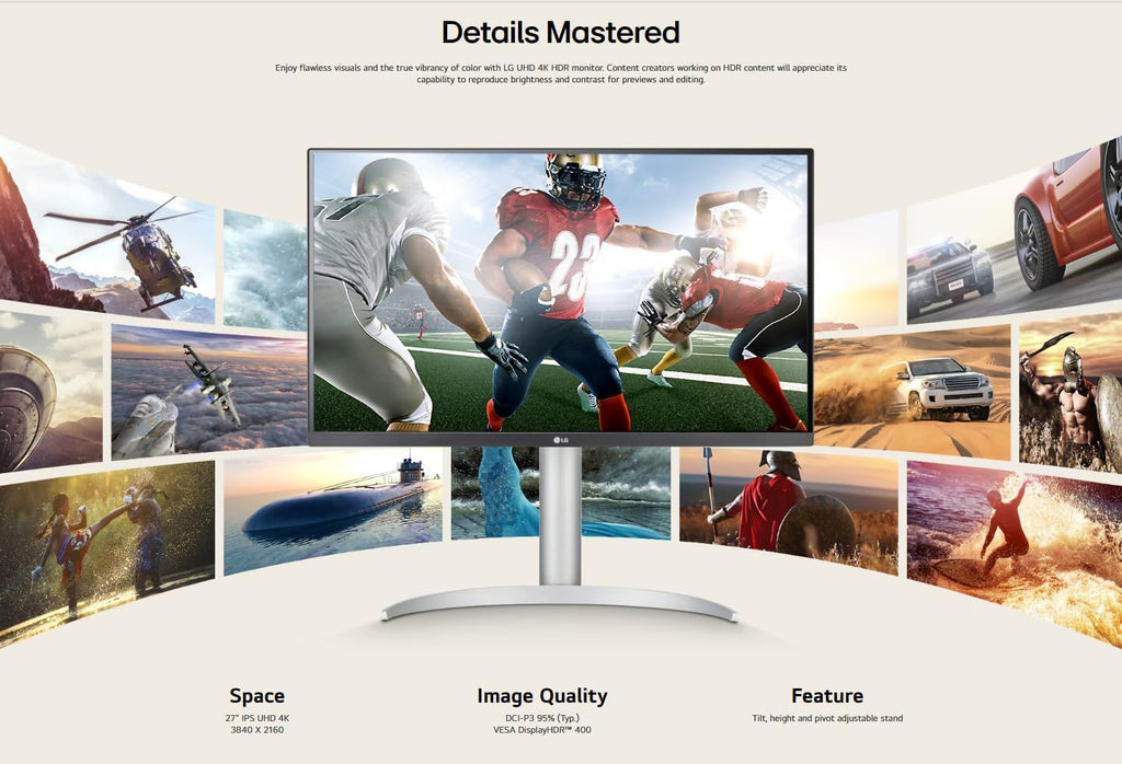 LG 27-inch Computer Monitor UHD (3840 x 2160), USB Type-C, HDR 400, DCI-P3 95%, Built-in Speaker, 60Hz, 5ms, HDMI, DisplayPort, AMD FreeSync, Tilt/Height/Pivot Adjustable Stand, White Monitor