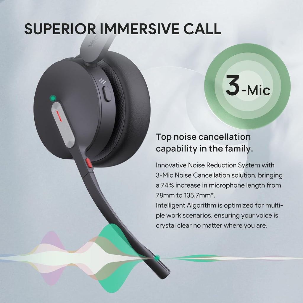 Yealink BH70 Mono UC Wireless Bluetooth Headset with Microphone for Work, up to 35h Talking Battery Life, 3-Mic Noise Cancellation, 91g Lightweight Work Headsets for Open Office, USB-C to A