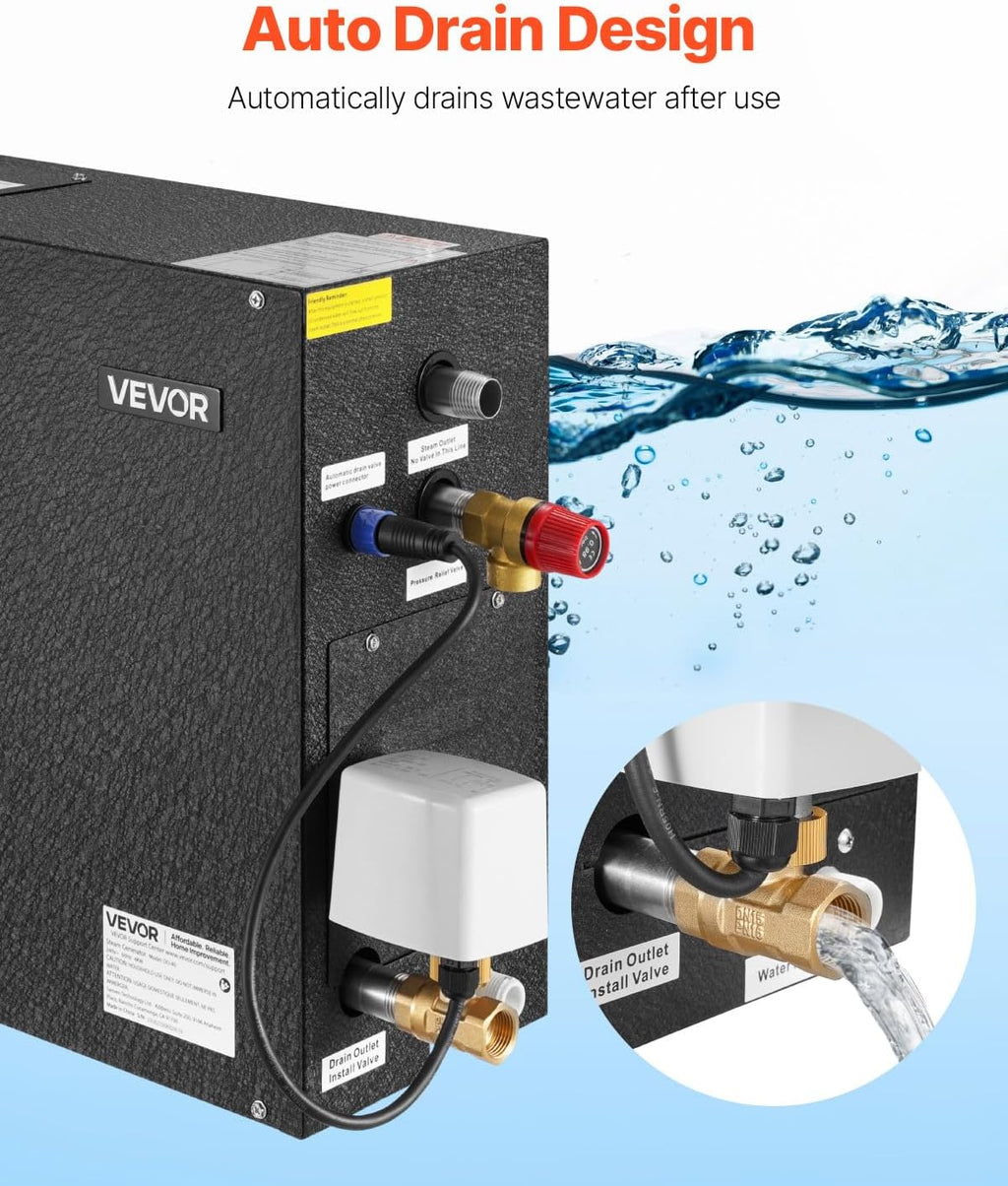 VEVOR Steam Generator, 4 kW Steam Shower System with Controller for Home Sauna & Spa, Commercial Auto Drain Kit with Overheat, Dry-Run & Overpressure Protection, 10min to 24h Timer, Black