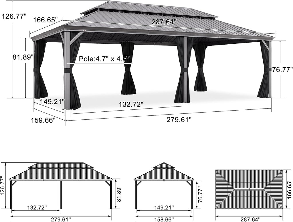 PURPLE LEAF 14' x 24' Hardtop Aluminum Gazebo with Double Metal Roof Heavy Duty Permanent Gazebo for Patio Deck Lawn Garden All Weather Outdoor Pavilion Gazebos, Light Grey