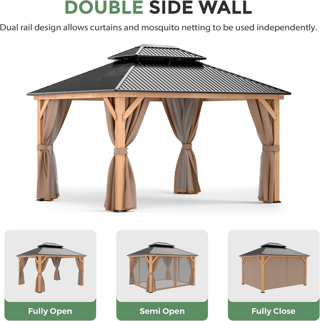 11x13 Wood Gazebo, Outdoor Hardtop Gazebo with Netting and Curtains, Double Galvanized Steel Roof, Deck Hard Top for Backyard, Patio (Brown)