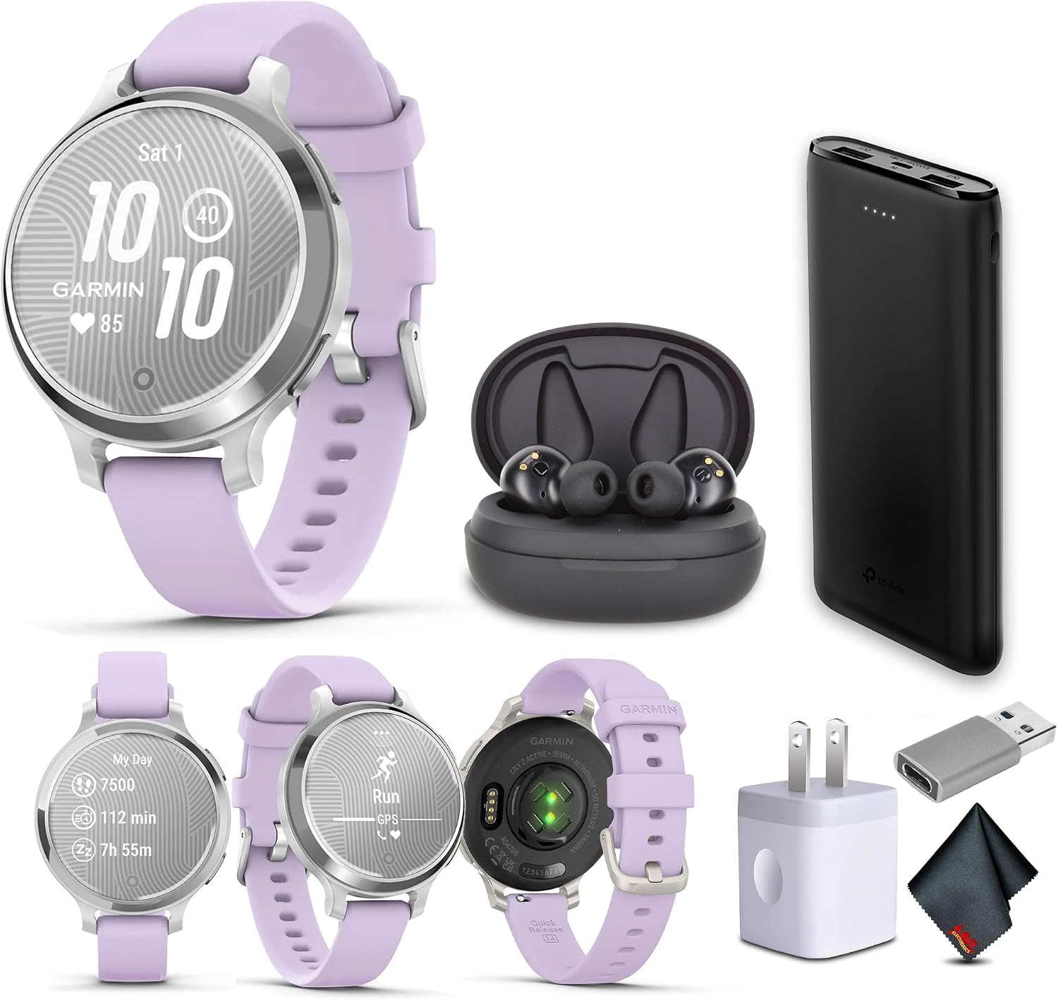 Garmin Lily 2 Active Small and Stylish Smartwatch Up to 9 Days Battery Life Built-in GPS Hidden Display Patterned Lens Purple Jasmin 010-02891-01 Fitness Smart Watch Bundle for Women