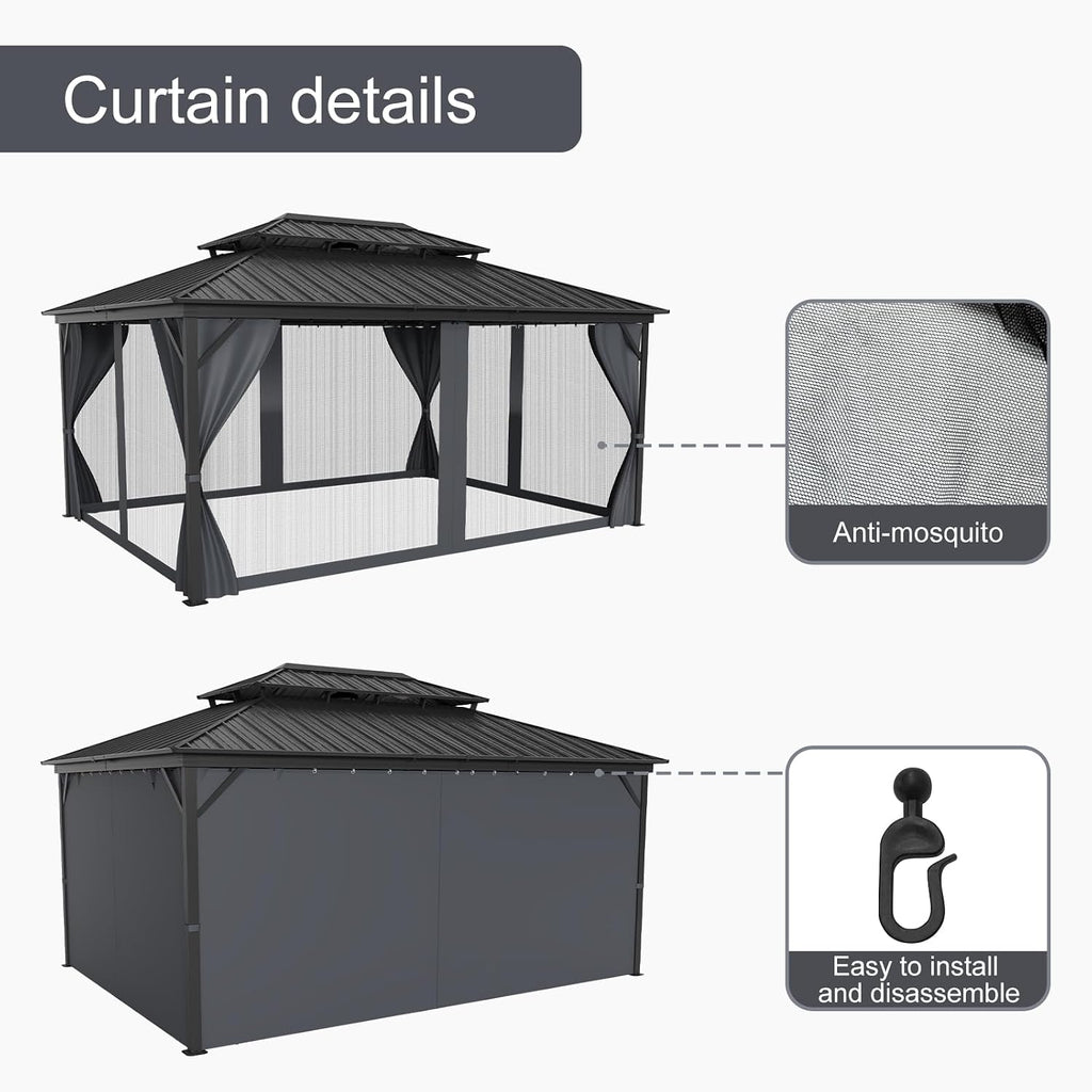 GAOMON Hardtop Gazebo - Outdoor Metal Pavilion with Galvanized Steel and Aluminum Frame, Double Roof Canopy with Netting and Curtains - Ideal for Patio, Backyard, Deck, and Lawns (12 * 16)