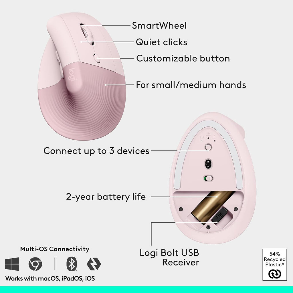 Logitech Wave Keys & Lift Vertical Mouse - Ergonomic Wireless Keyboard and Mouse Combo - with Cushioned Palm Rest, Easy-Switch, Bluetooth, for Multi-OS, Windows/Mac - Rose