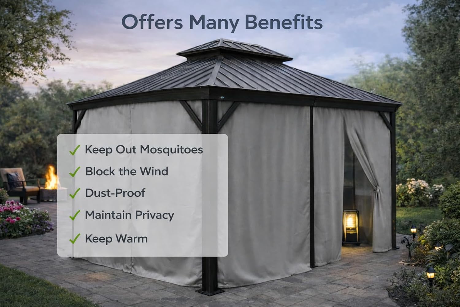Kozyard 12' x 20'Outdoor Gazebo Privacy Curtain Sidewall, Waterproof Patio Privacy Curtain with Center-Zip Design, Replacement for Hardtop Gazebo Gray