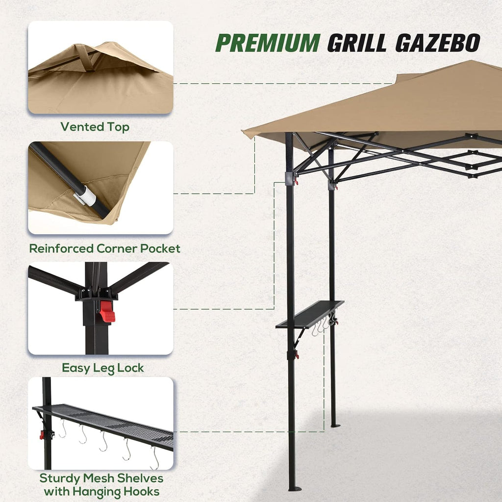 COOS BAY 8x5 Pop Up Outdoor Grill Gazebo, Portable BBQ Grill with Carry Bag, Outdoor Barbecue Shelter with Side Shelves, Beige