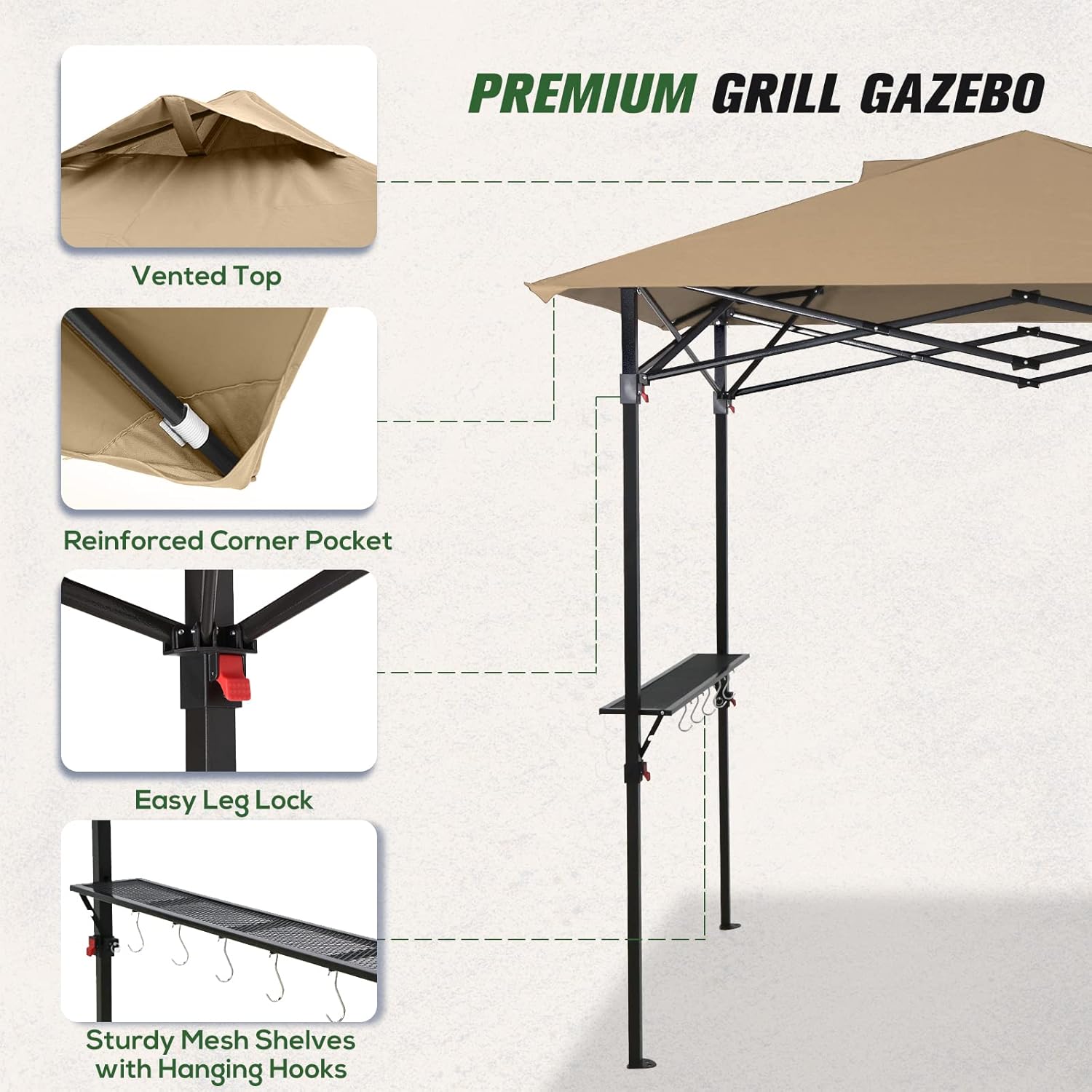 COOS BAY 8x5 Pop Up Outdoor Grill Gazebo, Portable BBQ Grill with Carry Bag, Outdoor Barbecue Shelter with Side Shelves, Beige