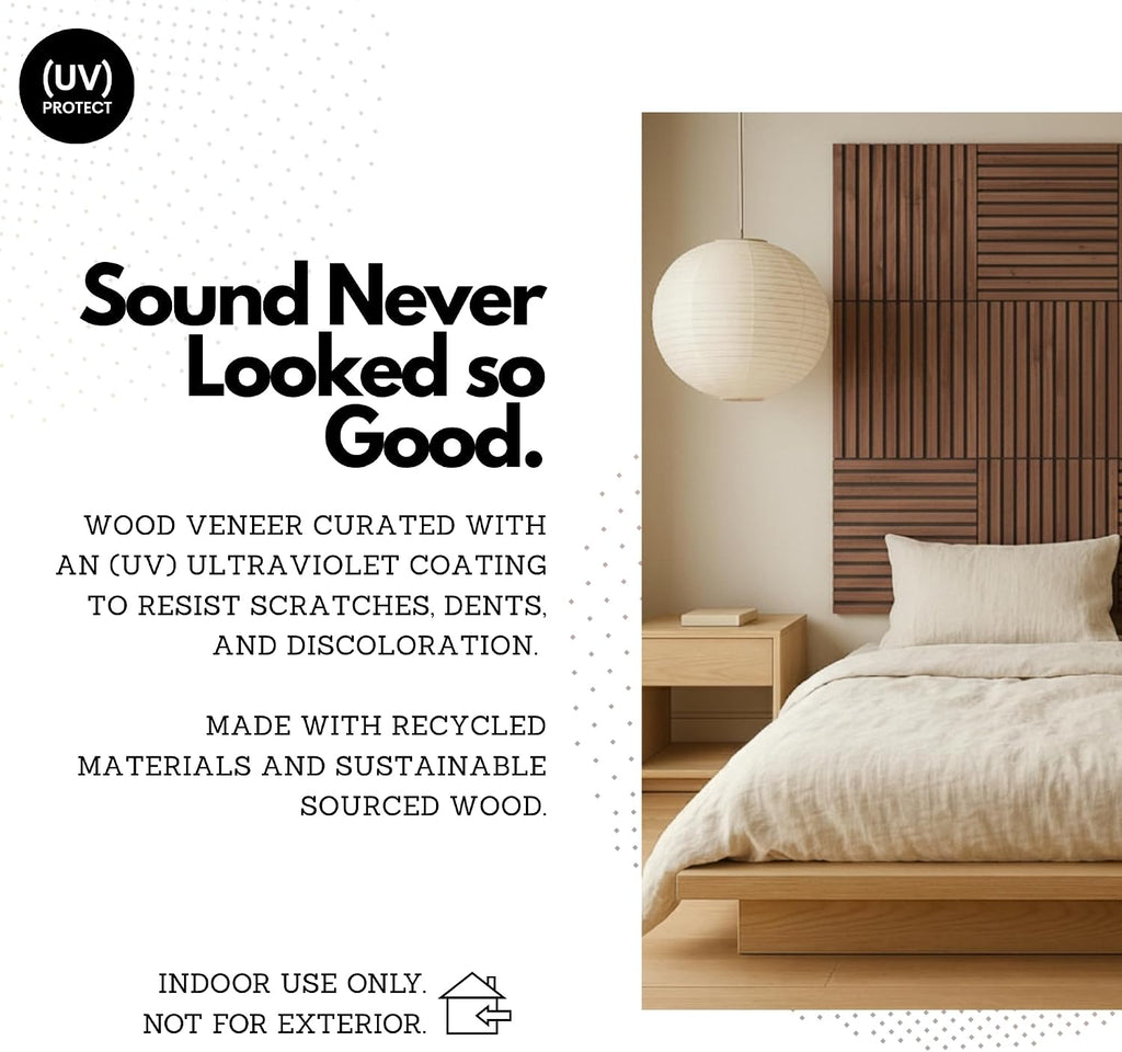 RT60X Peel & Stick Acoustic Wood Wall Panels, 4 Pack 24'x24'x1 - Self-Adhesive Sound Absorbing Slat Tiles for Studio, Home Office & Apartments, Renter-Friendly Easy Installation