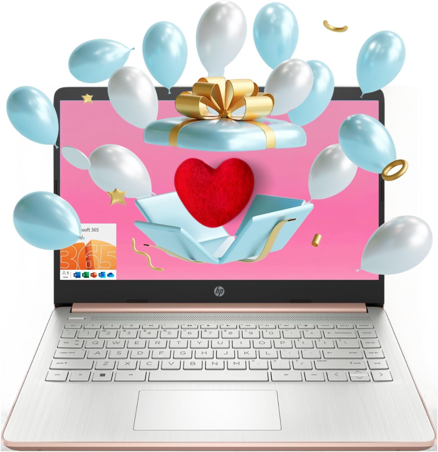 HP Essential Laptop, 14' HD Display, Intel Celeron N4120, 4GB RAM, 64GB eMMC, Webcam, HDMI, Wi-Fi, RJ-45, 1 Year Office 365, Windows 11 Home, Rose Gold