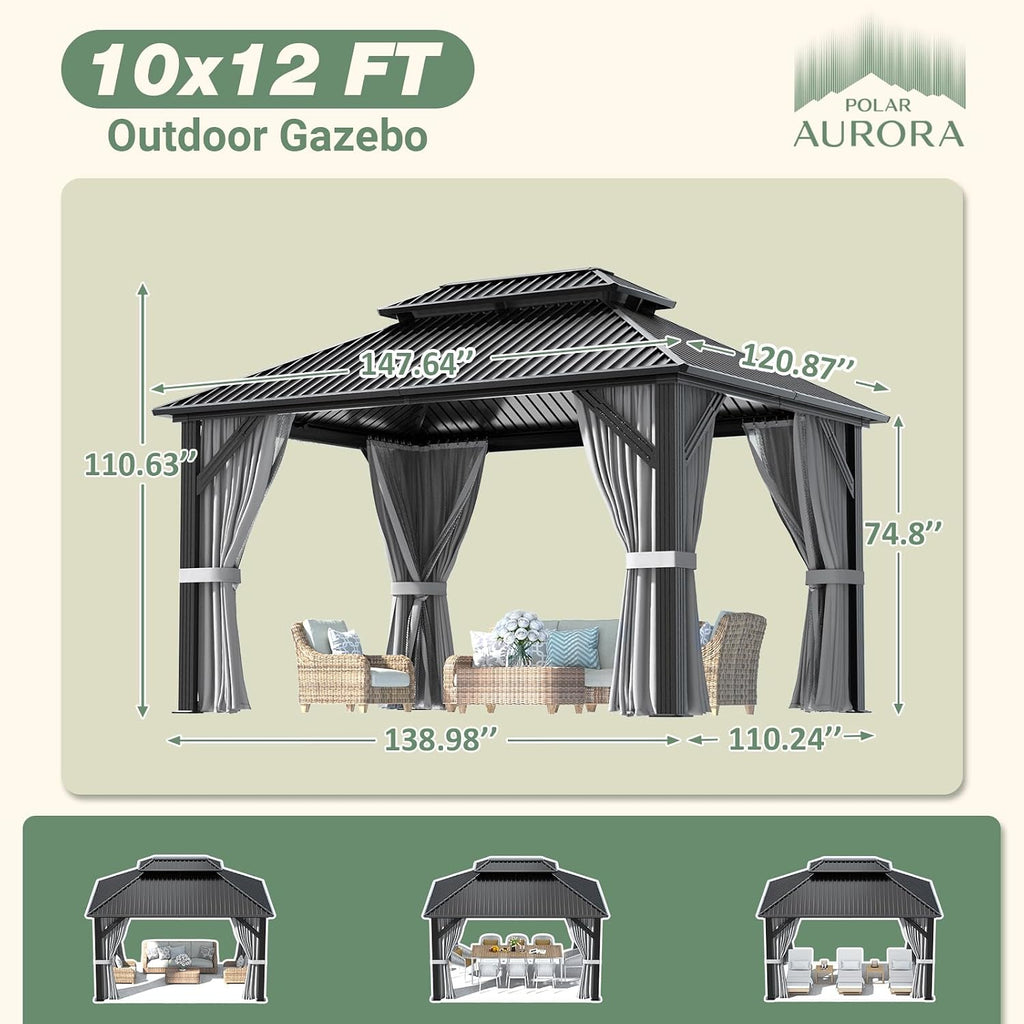 Polar Aurora 10'x12' Outdoor Gazebo Hardtop Grill Gazebo Aluminum Galvanized Steel Double Roof Outdoor Pergola Include Curtain and Netting for Backyard, Patio, Lawn