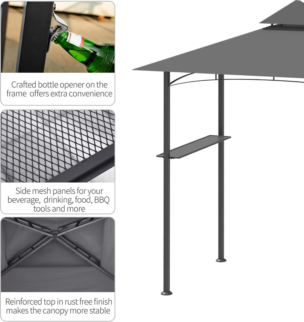 Outsunny 8' x 5' Grill Gazebo with 2 Side Shelves, Outdoor BBQ Gazebo with Double Roof, Steel Grill Tent Canopy for Patio Yard Garden, Gray