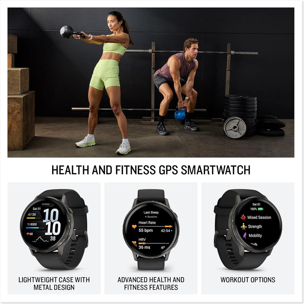 PlayBetter Garmin Venu 4 (Slate/Black, 45mm) Fitness GPS Smartwatch Bundle - AMOLED Display, Built-in Flashlight, Long Battery Life Portable Charger & HD Screen Protectors