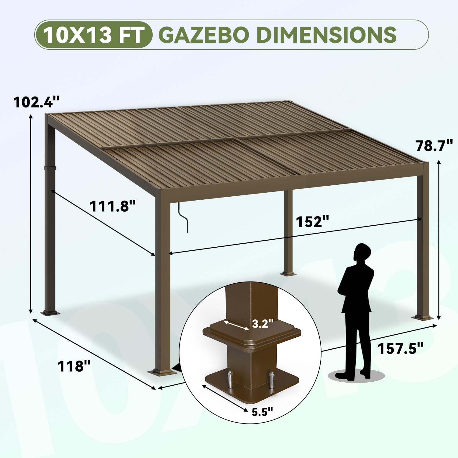 Gazebo 10x13 with Adjustable Galvanized Steel Roofs, All Aluminum Frame Permanent Pergola for Patio, Outdoor Freestanding Shelter, Dark Brown