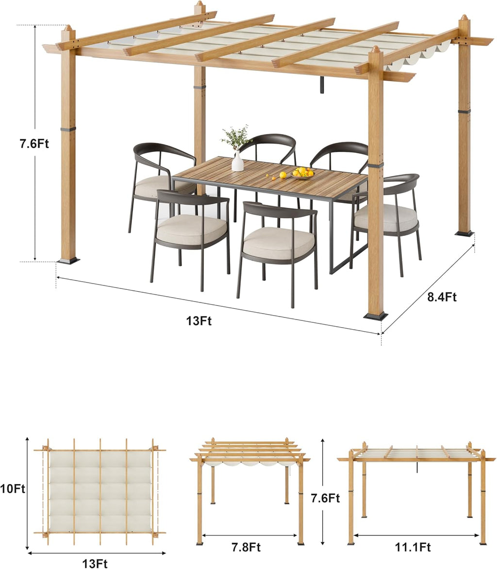 Garvee 10x13 ft Outdoor Pergola with Retractable Canopy – Upgraded Aluminum Faux Wood Grain Metal Patio Pergola for Modern Backyard Deck, Porch, Grape Trellis in Beige