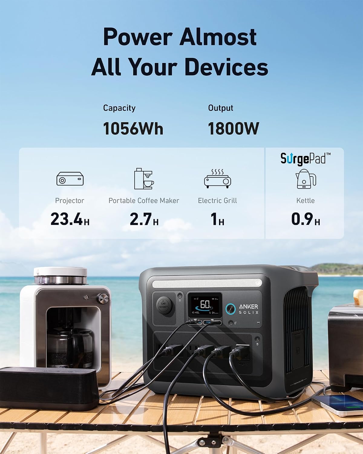 Anker SOLIX C1000 Portable Power Station with Water-Resistant Bag, 1800W Solar Generator, 1056wh LFP (LiFePO4) Battery, 4 AC Outlets, Up to 2400W for Home, Power Outages, and Outdoor Camping