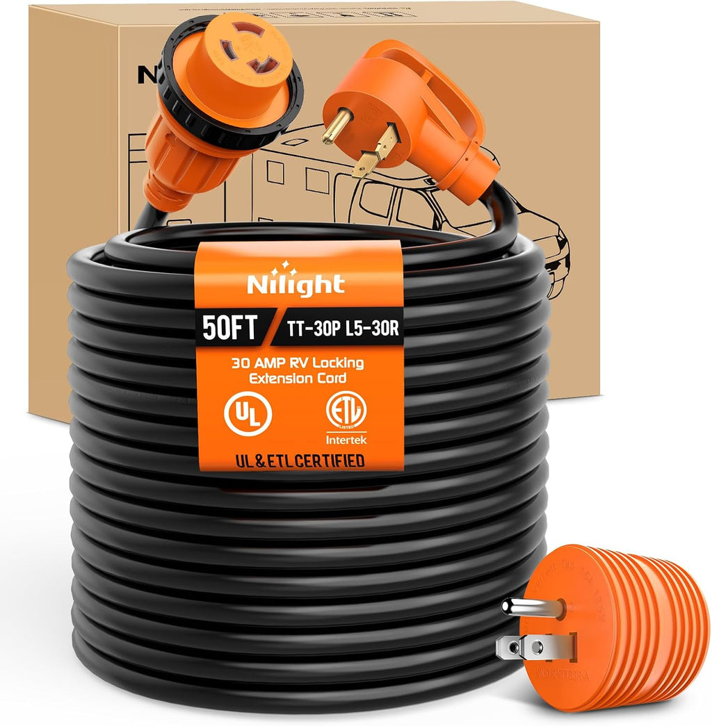 Nilight 30 Amp 50FT RV Locking Extension Cord with Adapter 15Amp to 30Amp 125V Heavy Duty 10 Gauge Pure Copper STW Wire ETL Listed 3 Prong TT-30P L5-30R 30F/30M Weatherproof Suit for Camper Trailer