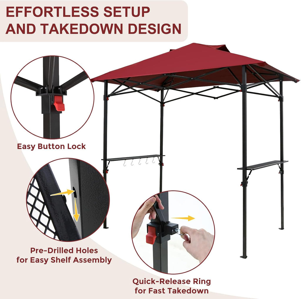 Outdoor Pop up Barbeque Grill Gazebo 8x5 with Carry Bag, Portable BBQ Canopy Tent with Handy Wired Shelf, Red