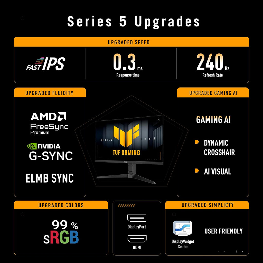 ASUS TUF Gaming Series 5 27' 1080P Monitor (VG279QML5A) - Fast-IPS, 240Hz, 0.3ms, G-SYNC Compatible, FreeSync Premium, 99% sRGB, Height Adjustable, DisplayWidget, Gaming AI, 3 yr Warranty