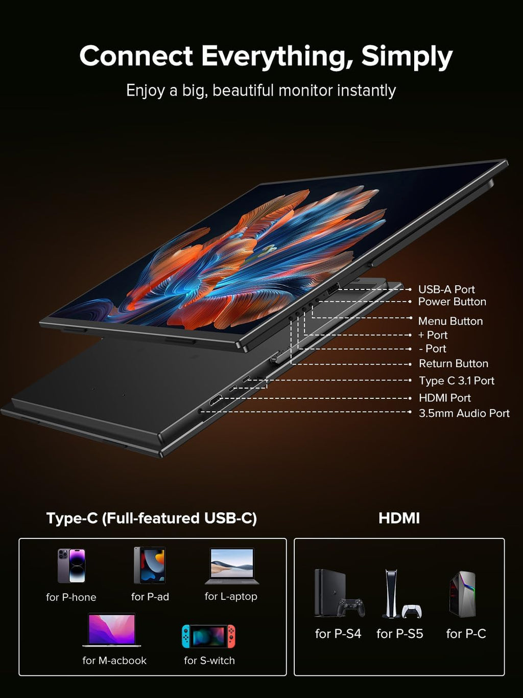 UPERFECT QLED 24' 144Hz Portable Monitor 1080P 145% sRGB 450Nits w/Stand & VESA, HDMI USB-C FHD Travel Monitor for Laptop/Gaming Devices/Phone/Mini PC, External Second Screen for Gaming & Work