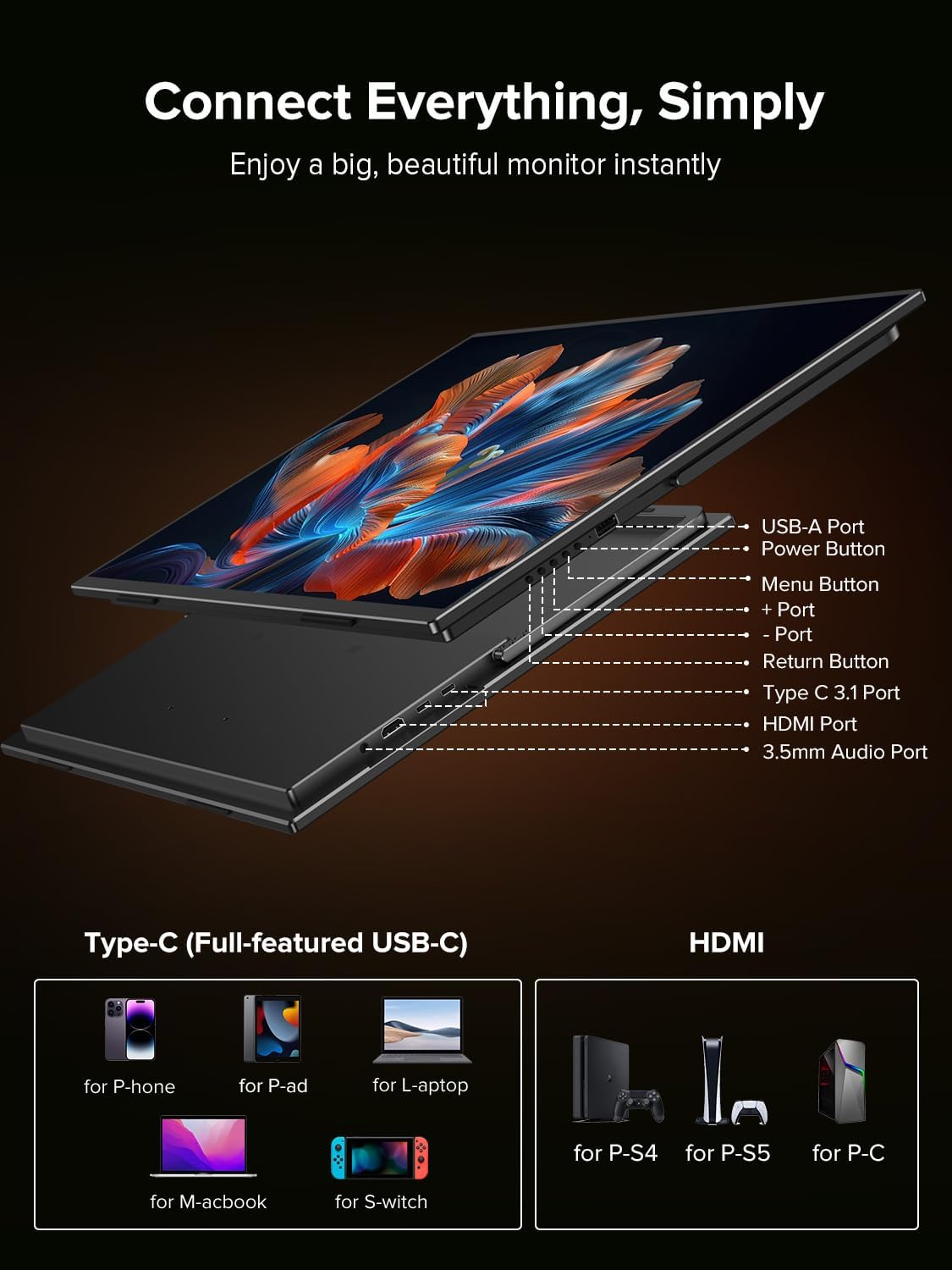 UPERFECT QLED 24' 144Hz Portable Monitor 1080P 145% sRGB 450Nits w/Stand & VESA, HDMI USB-C FHD Travel Monitor for Laptop/Gaming Devices/Phone/Mini PC, External Second Screen for Gaming & Work