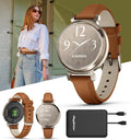PlayBetter Garmin Lily 2 Classic (Cream Gold/Tan Leather) Women's Fitness Smartwatch Bundle - Ladies Watch with Hidden Display, 5-Day Battery & Garmin Pay - Includes Portable Charger