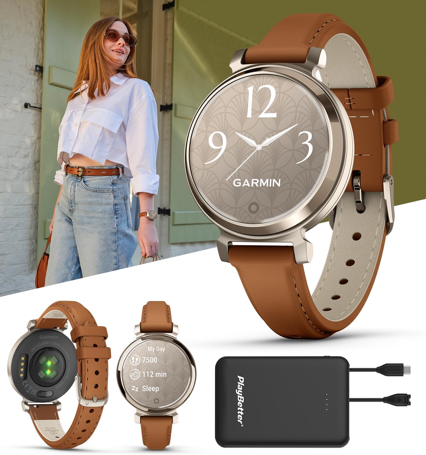 PlayBetter Garmin Lily 2 Classic (Cream Gold/Tan Leather) Women's Fitness Smartwatch Bundle - Ladies Watch with Hidden Display, 5-Day Battery & Garmin Pay - Includes Portable Charger