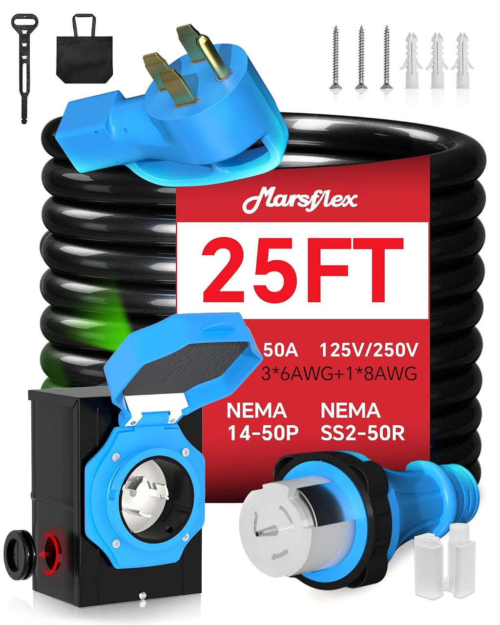 Marsflex 50 Amp Generator Cord and Power Inlet Box, 25FT 50 Amp Generator Cord, NEMA 14-50P / SS2-50R, for 125/250 Volt 12500 Watts, Weatherproof Outdoor Use with LED Power Indicator, ETL Listed
