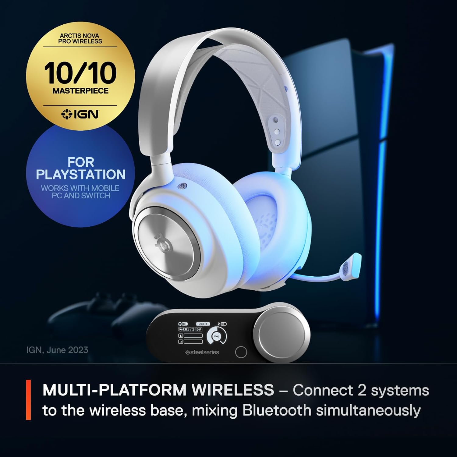 SteelSeries Arctis Nova Pro Wireless Multi-System Gaming Headset - Neodymium Magnetic Drivers - Active Noise Cancellation - Infinity Power System - Gen 2 Mic - PS5, PS4, PC, Switch, Mobile - White