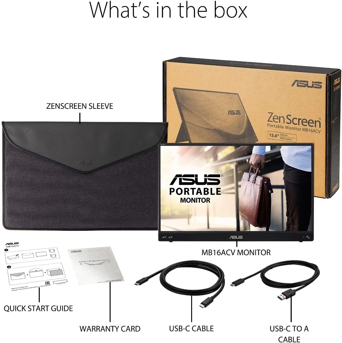 ASUS ZenScreen 15.6 Inch Portable Monitor - 1080P, Full HD, IPS, USB Type-C, Eye Care, Kickstand, for Laptop, PC, Phone, Console, Anti-Glare Surface, 3-Year Warranty - MB16ACV