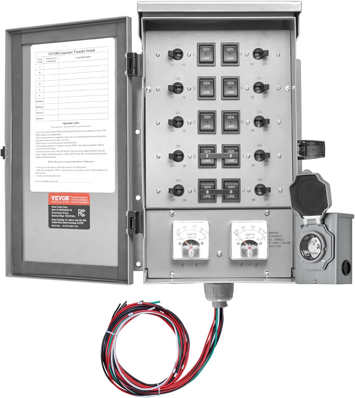 VEVOR Manual Transfer, 50-Amp 10-Circuit, Prewired Generator Transfer Kit with CS6375 Plug Power Inlet Box, Double-Throw, NEMA 3R, Mechanical Watt Meter, for 12500W Generators