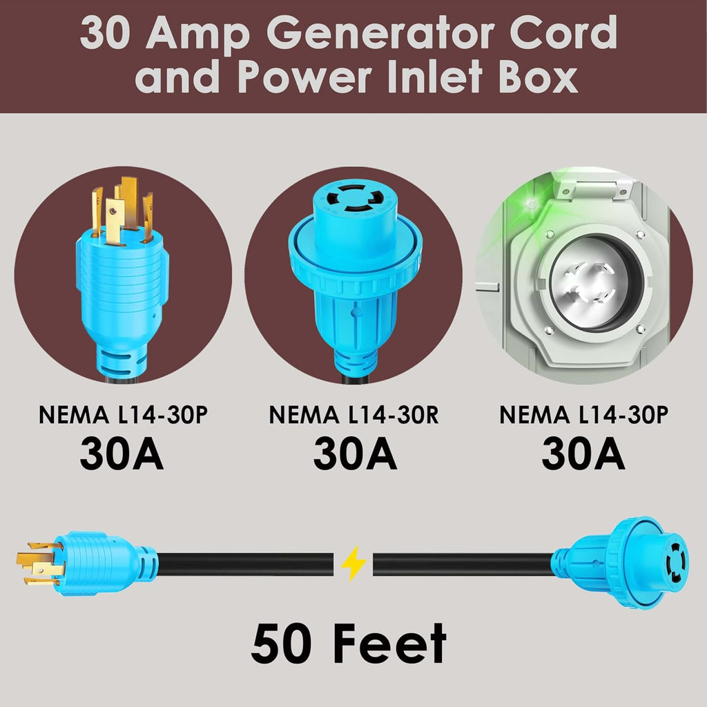 CircleCord 4 Prong 50 Feet 30 Amp Generator Extension Cord and Inlet Box with Locking Connector, Heavy Duty NEMA L14-30P/L14-30R, 125/250V 7500W 10 Gauge SJTW Generator to House Power Cord