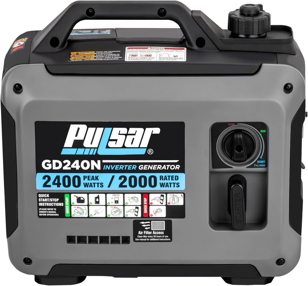 Pulsar 2,400W Portable Gas-Powered Quiet Inverter Generator With USB Outlet & Parallel Capability, GD240N