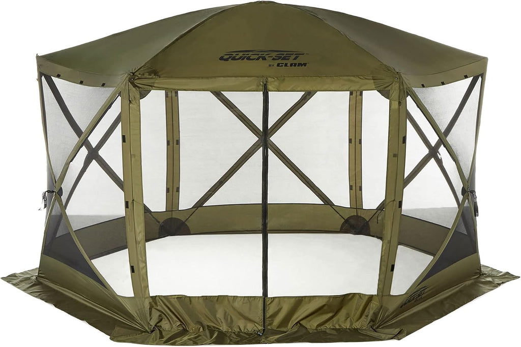 CLAM Escape 11.5' Pop-Up Screen Tent – Green Outdoor Camping Gazebo Canopy with No-See-Um Mesh, Carry Bag & Stakes – 6-Sided Portable Shelter for Camping, Picnics, & Events – Fast 45-Second Setup