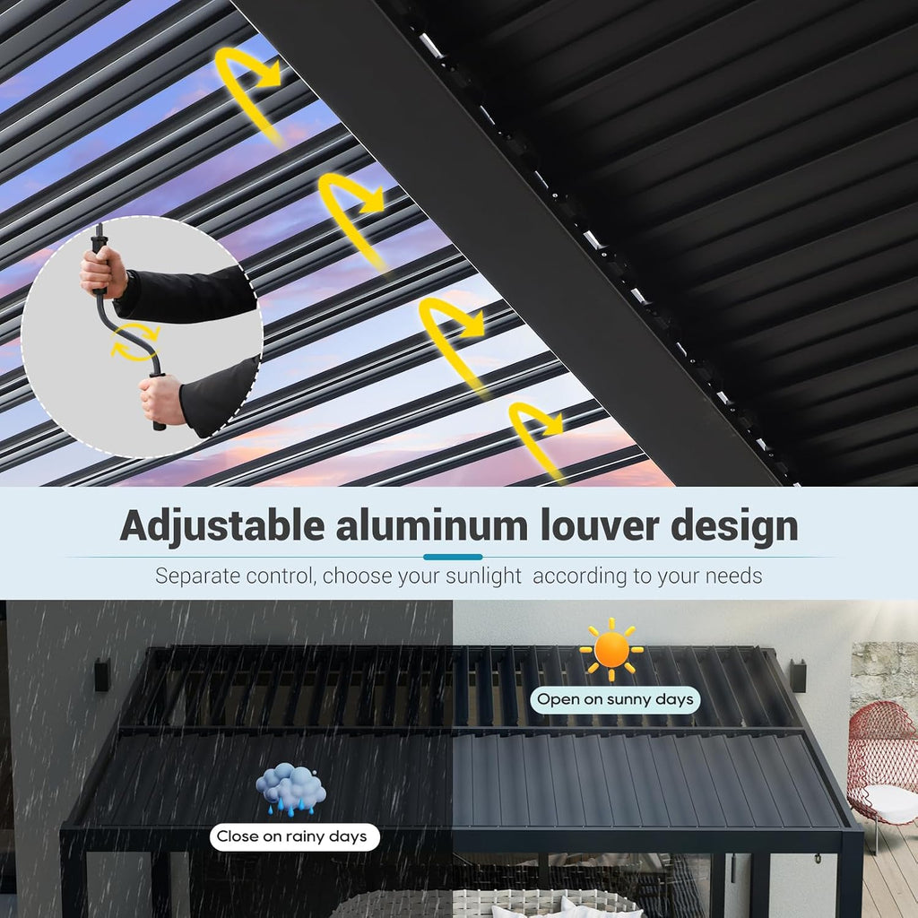 LVUYOYO Outdoor Louvered Pergola 10' x 10', Aluminum Pergola with Adjustable Roof, Waterproof Metal Gazebo for Patio, Backyard, Garden, Deck (Black)
