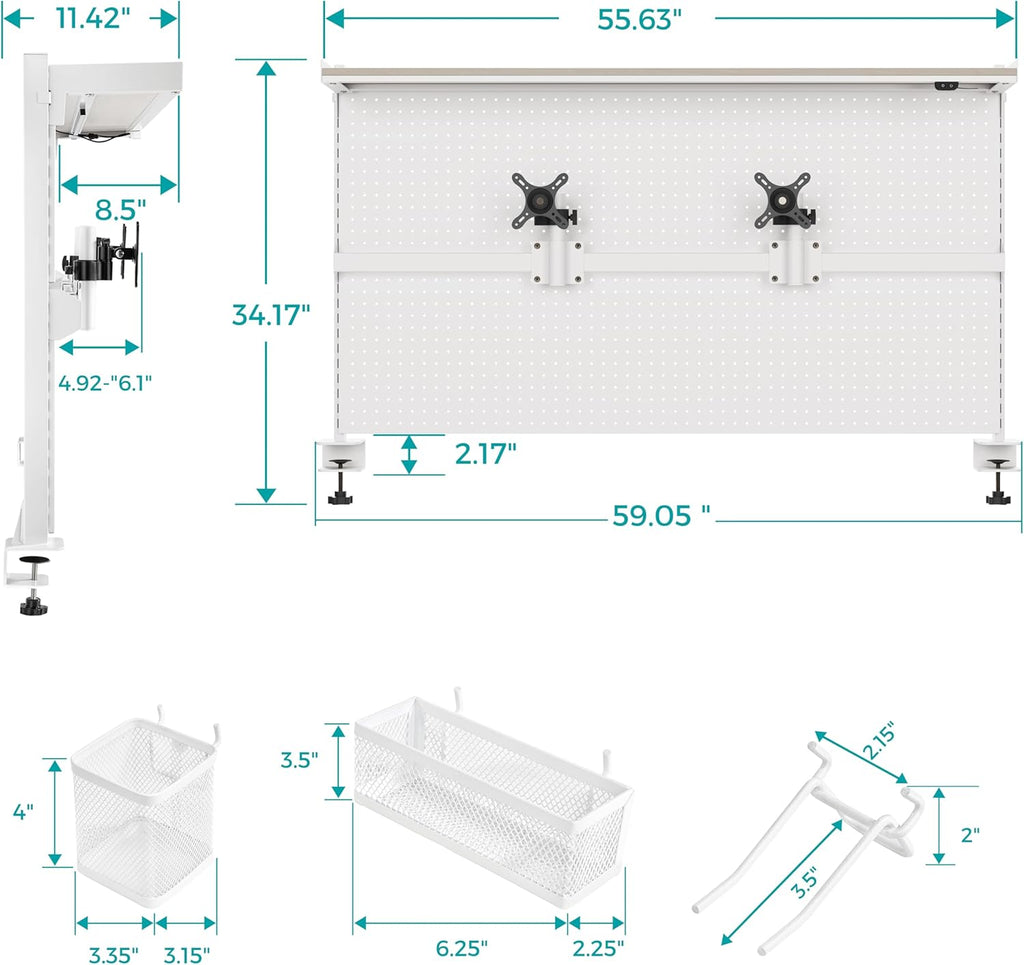 EUREKA ERGONOMIC Desk Pegboard with Dual Monitor Stands, LED Metal Pegboard for Gaming Desk, Privacy Panel with 4 Accessories Modular Hanging, Computer Accessories for Office, 59 x 34 Inch, White