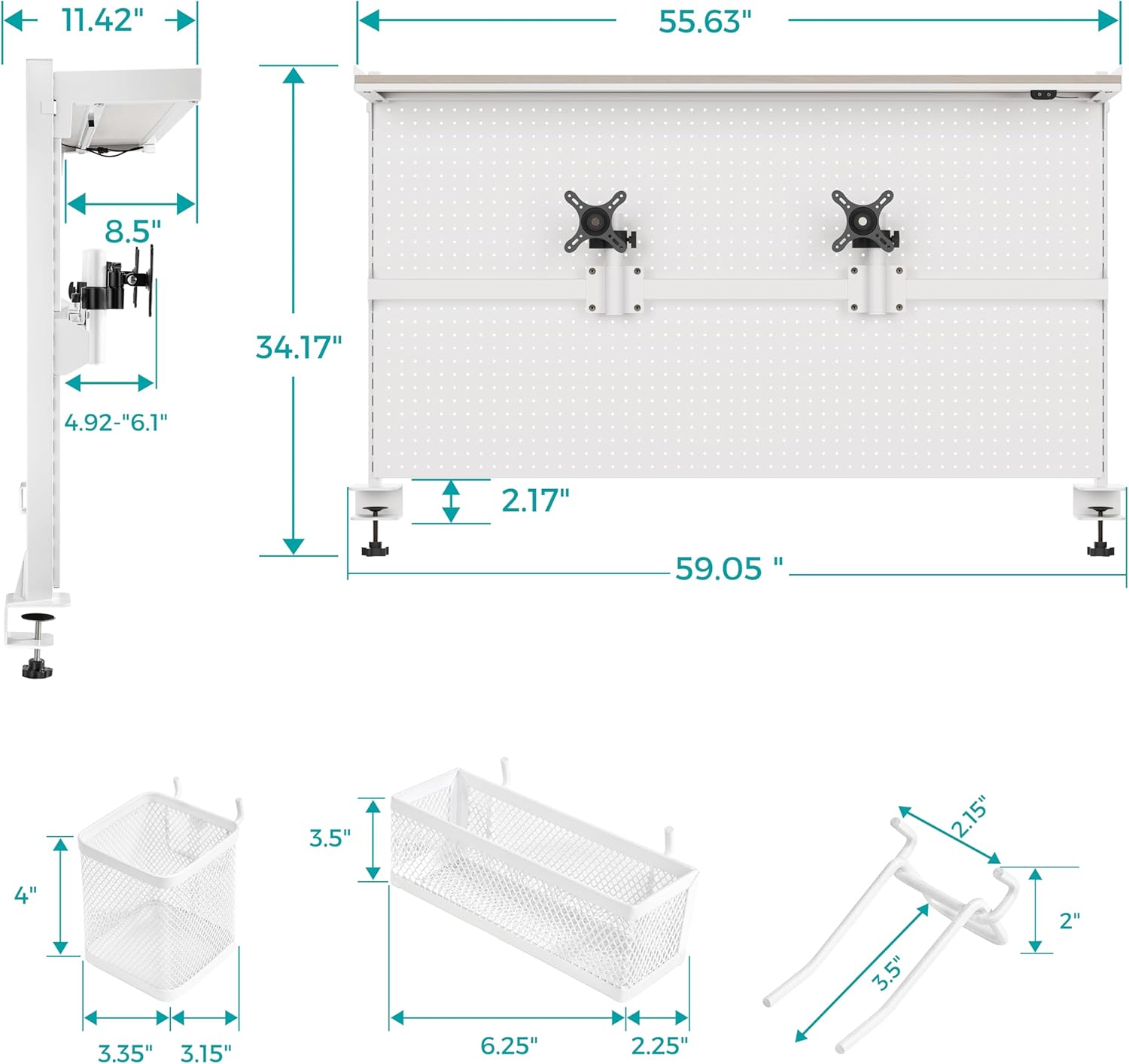 EUREKA ERGONOMIC Desk Pegboard with Dual Monitor Stands, LED Metal Pegboard for Gaming Desk, Privacy Panel with 4 Accessories Modular Hanging, Computer Accessories for Office, 59 x 34 Inch, White